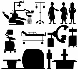 silhouette medical x-ray machine, ultrasound, tomography, dentistry, doctors set vector