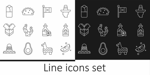 Set line Sliced lime, Tequila bottle, Mexico flag, Cactus, Poncho, Burrito, with lemon and Taco tortilla icon. Vector