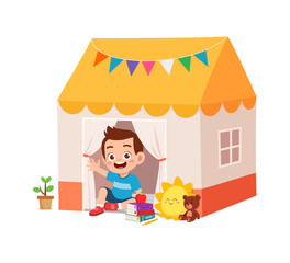 cute little boy play inside small tent