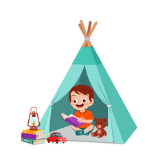 cute little boy play inside small tent