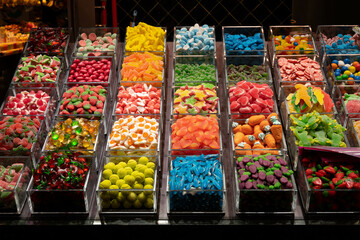 Lots of bright colourful sweets in displays in the market