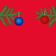 Red Christmas background with fir branches, red and blue balls.