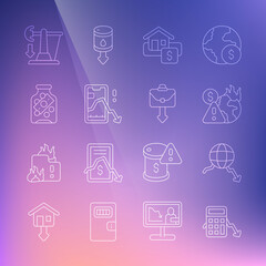 Set line Calculation of expenses, Global economic crisis, Hanging sign with Sale, Mobile stock trading, Glass money jar coin, Drop crude oil price and Briefcase icon. Vector