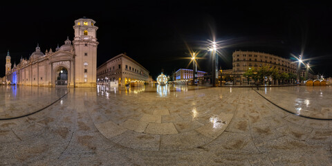 Panoramic, 360 degree view of Plz del Pilar on a Christmas night, Spain, Zaragoza, 12-10-2021