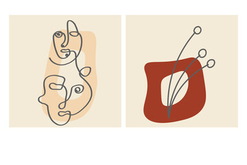 Faces, leave and abstract shapes. Contemporary vector illustrations on color backgrouds. Line, minimalistic elegant concept. Perfect for social media, cards, postcards.
