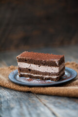 Slice of tasty homemade chocolate cake