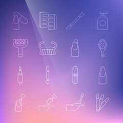 Set line False nails, Nail manicure, file, Cuticle pusher, Pedicure brush or grater, and Broken icon. Vector