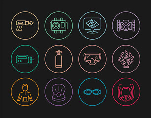 Set line Diving mask with snorkel, Coral, Flippers for swimming, Aqualung, Flashlight diver, Fishing harpoon, and Photo camera icon. Vector