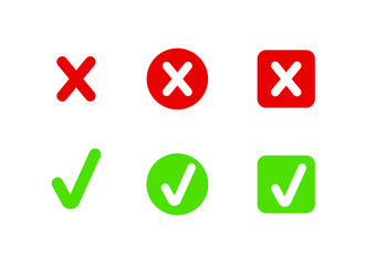 Vector set, checks and crosses icons collection, check and cross marks isolated on white background, in circle and square check boxes, green and red colors.