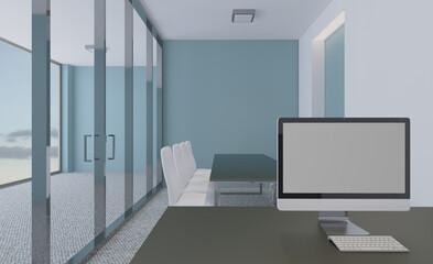 Front view of an office interior with a row of dark wood tables. 3D rendering.