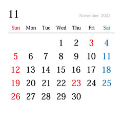 2023年11月、日本のカレンダー