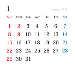 2023年1月、日本のカレンダー