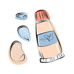 Line art makeup tube on white background. fashion illustration. Blue and coral colors