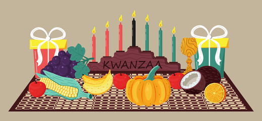 Happy kwanzaa invitation vector for web, card, social media. Happy kwanza celebrated from 26 December to 1 January. Seven candles lighted.