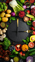 The concept of dietary nutrition: fresh vegetables and fruits. Cutlery and a plate in the form of a clock. Top view. Free space for your text.