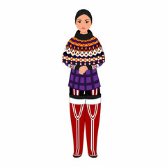 Woman in folk national Greenland costume. Vector illustration