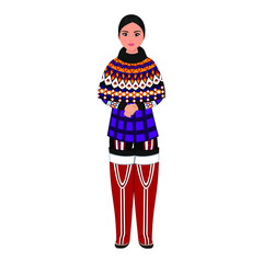 Woman in folk national Greenland costume. Vector illustration