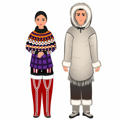 Woman and man in folk national Greenland costumes. Vector illustration