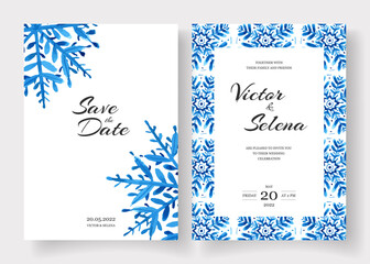Winter wedding cards design set with watercolor snowflakes. Save the date