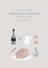 Simple cozy Christmas dinner invitation template, greeting card. Cute Scandinavian Winter holidays lifestyle card with food for celebration. Flat illustration with Christmas aesthetics. Vector eps10