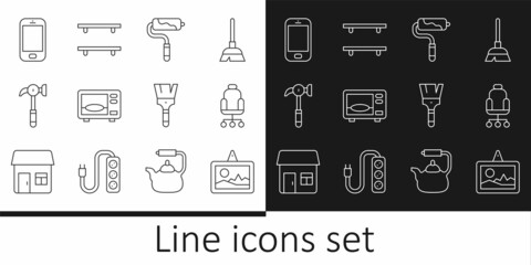 Set line Picture, Office chair, Paint roller brush, Microwave oven, Hammer, Mobile phone, and Empty wooden shelves icon. Vector