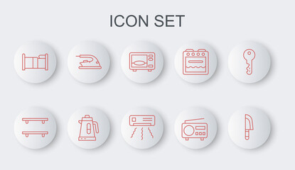 Set line Knife, Empty wooden shelves, Microwave oven, Radio, Bed, Electric iron, kettle and Air conditioner icon. Vector