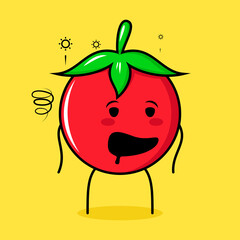 cute tomato character with drunk expression and mouth open. green, red and yellow. suitable for emoticon, logo, mascot