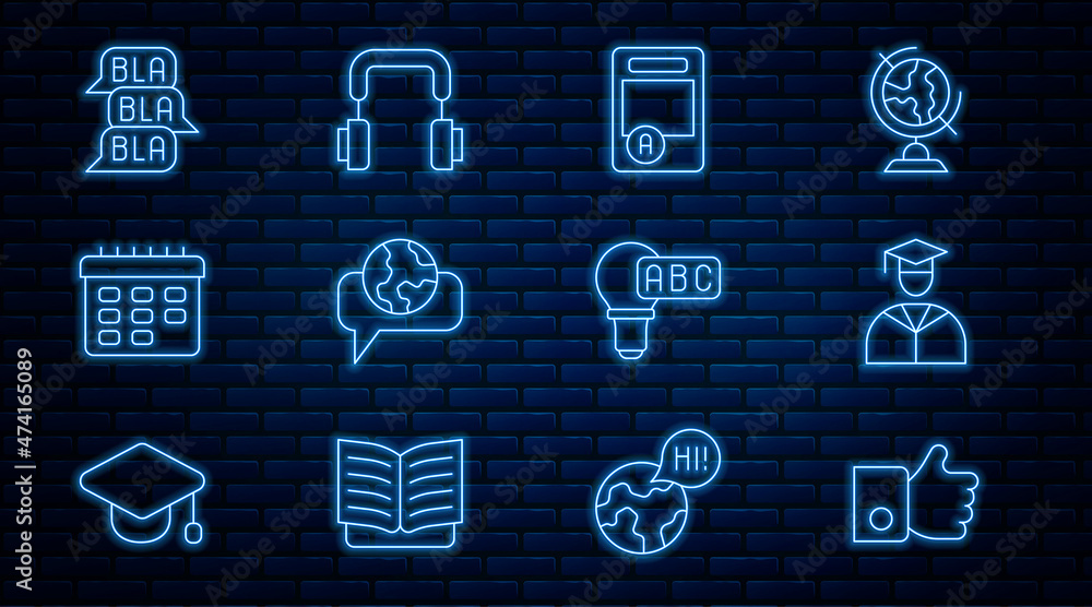 Wall mural Set line Hand like, Graduate graduation cap, Exam sheet with A plus grade, Learning foreign languages, School timetable, Speech bubble chat, Creative lamp light idea and Headphones icon. Vector