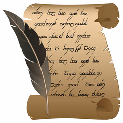 A sheet of parchment with a feather. Old letter with an inscription. Vector illustration