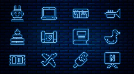 Set line Smart Tv, Rubber duck, Music synthesizer, Pirate treasure map, Pyramid toy, Robot, Book and Laptop icon. Vector