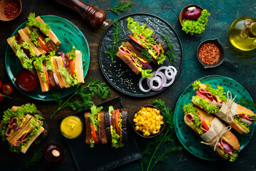 Breakfast. Classic sandwiches with sausage, cutlet, lettuce, onion, tomatoes and vegetables. Rustic style. Free copy space.
