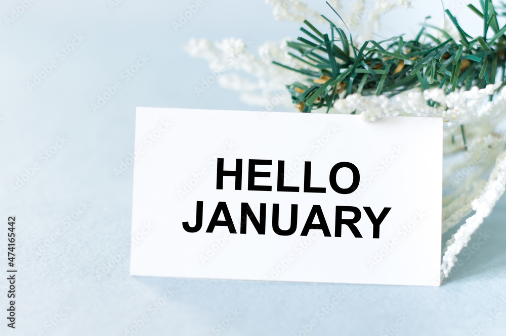 Poster hello january text on the card next to spruce branch and white branches on a light background