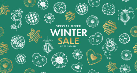 Winter sale, Christmas Cookie and ball set, Hand drawn illustration.
