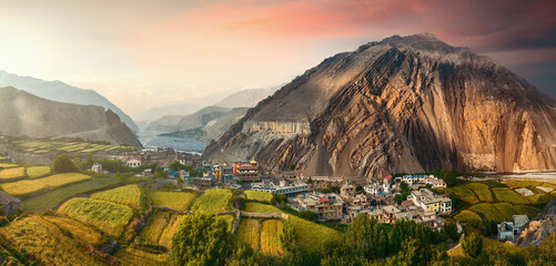 Panoramic view of ancient village of Kagbeni: gateway to Upper Mustang. Mustang region of...