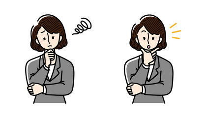 悩むビジネスウーマンと、何かに気づいた様子のビジネスウーマン.