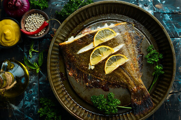 Baked flounder fish with lemon and spices on a metal baking dish. Seafood. Top view. Free space for text.