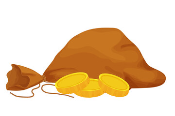 Old bag, sack with golden coins in cartoon style isolated on white background. Money bag, treasure obgect. Ui icon, asset.