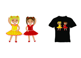 Two cheerful smiling dancing girls vector illustrations, ready for printing on t-shirt, clothes, poster and other purposes.