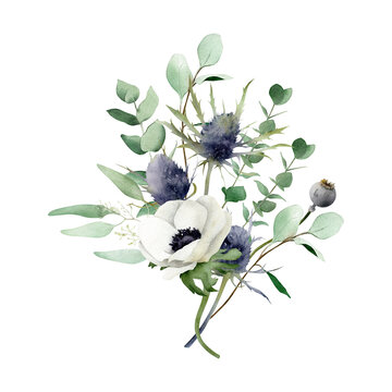 Hand-drawn floral arrangement. Winter and spring lush bouquet with white anemone, purple thistle, eucalyptus leaves for greeting cards design, wedding invitations, decor isolated on white background