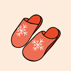 Cute cartoon red slippers with snowflakes. Vector illustration for social media, cards, post marks, banners, polygraphy, textiles.