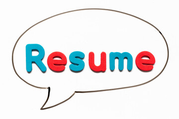 Alphabet letter with word resume in black line hand drawing as bubble speech on white board background