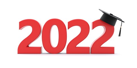 2022 Class Graduation. Year number and College cap isolated on white background. 3d illustration