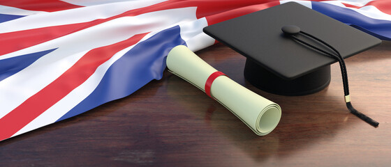 UK education and studies. College, university diploma roll on wooden office desk. 3d illustration