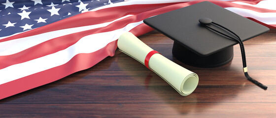 American flag, university college diploma on wooden desk.  United States studies. 3d illustration