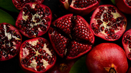 Juicy red pomegranate. Macro photo. Top view.