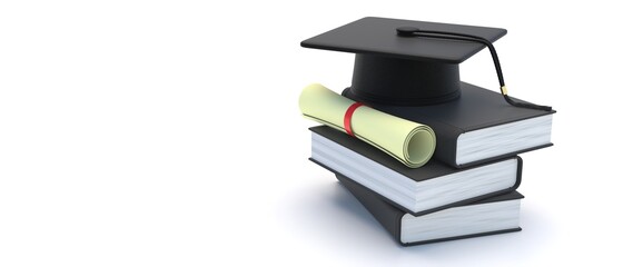 Graduation. College graduate cap, books and diploma isolated on white, space. 3d illustration