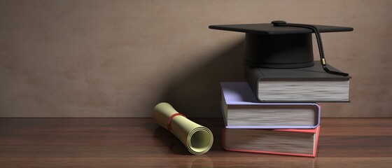 University studies.  College graduate cap, books and diploma on a wooden desk. 3d illustration