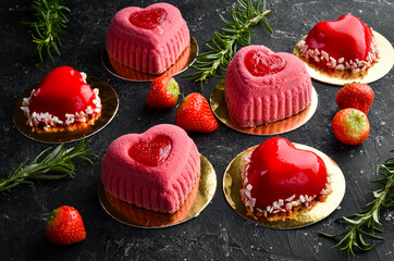 Sweet cream dessert with cherries in the shape of a heart. Top view. Sweets.