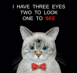 An ashen cat has got third eye. I have three eyes two look one see. Black background. Isolated.