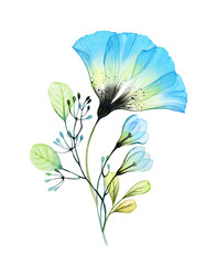 Watercolor floral bouquet with big anemone and snowdrops. Abstract composition with blue transparent flowers and leaves. Hand painted illustration for spring wedding stationery, greeting cards
